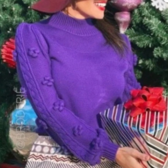 Anthropologie Sweaters - Anthropologie Maeve Kiara Textured Sweater royal blue purple Pom cable mock XL